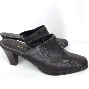 Liz Claiborne Chocolate Leather Kitten Heel Mules